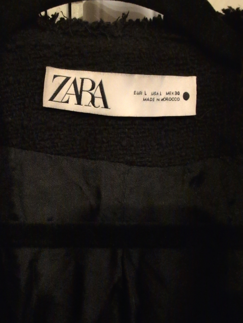 ZARA Black Frayed Edge Gold Button Mid-Length Tweed Blazer Women Size Large - Picture 4 of 6
